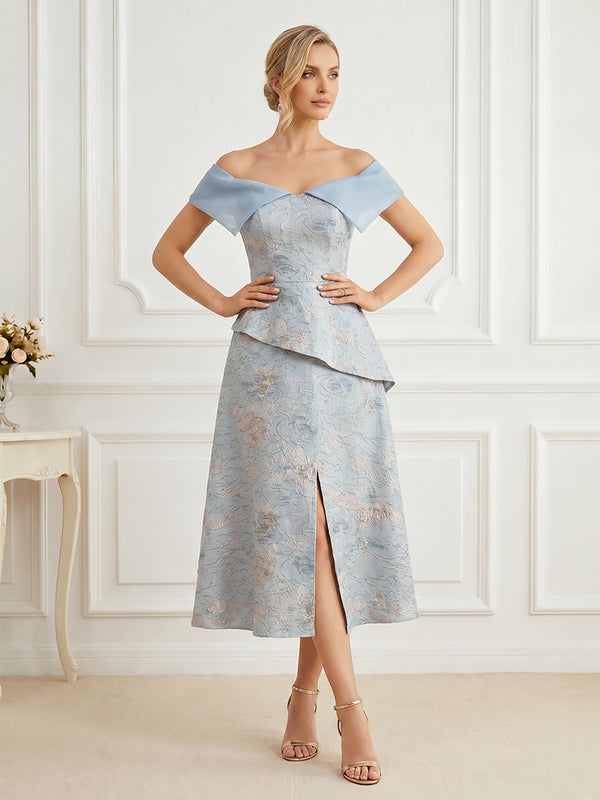 Jacquard A-Line/Princess Off Shoulder Tea-Length Mother of the Bride & Groom Dresses with Ruffles & Slit
