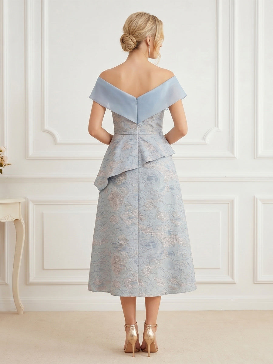 Jacquard A-Line/Princess Off Shoulder Tea-Length Mother of the Bride & Groom Dresses with Ruffles & Slit