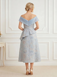 Jacquard A-Line/Princess Off Shoulder Tea-Length Mother of the Bride & Groom Dresses with Ruffles & Slit
