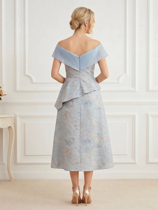 Jacquard A-Line/Princess Off Shoulder Tea-Length Mother of the Bride & Groom Dresses with Ruffles & Slit