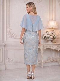 Jacquard Sheath/Column V-Neck Tea-Length Mother of the Bride & Groom Dresses with Chiffon Cape