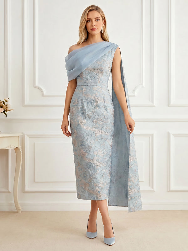 Jacquard Sheath/Column Off Shoulder Tea-Length Mother of the Bride & Groom Dresses with Side Draped Sash