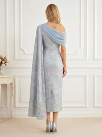 Jacquard Sheath/Column Off Shoulder Tea-Length Mother of the Bride & Groom Dresses with Side Draped Sash