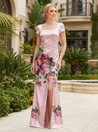 Floral Print Sheath/Column Square Neck Floor-Length Mother of the Bride & Groom Dresses with Ruched Waist & Slit