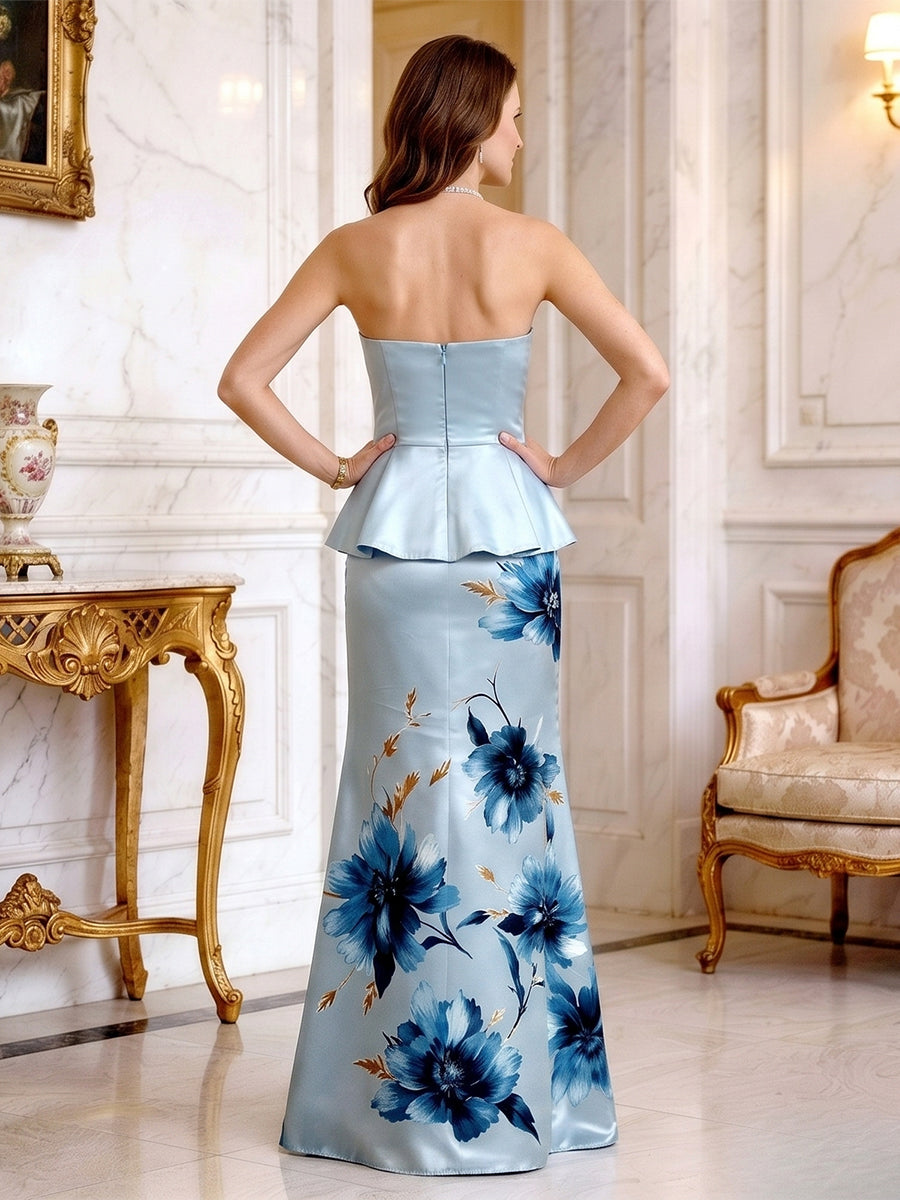 Floral Print Sheath/Column Strapless Floor-Length Mother of the Bride & Groom Dresses with Satin Bodice