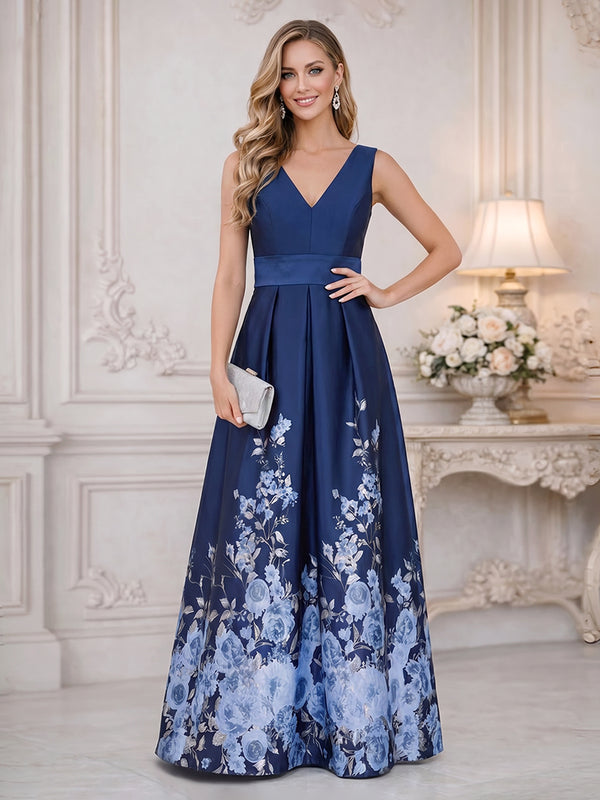 Floral Print A-Line/Princess V-Neck Floor-Length Mother of the Bride & Groom Dresses with Ruched Waist