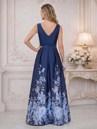 Floral Print A-Line/Princess V-Neck Floor-Length Mother of the Bride & Groom Dresses with Ruched Waist