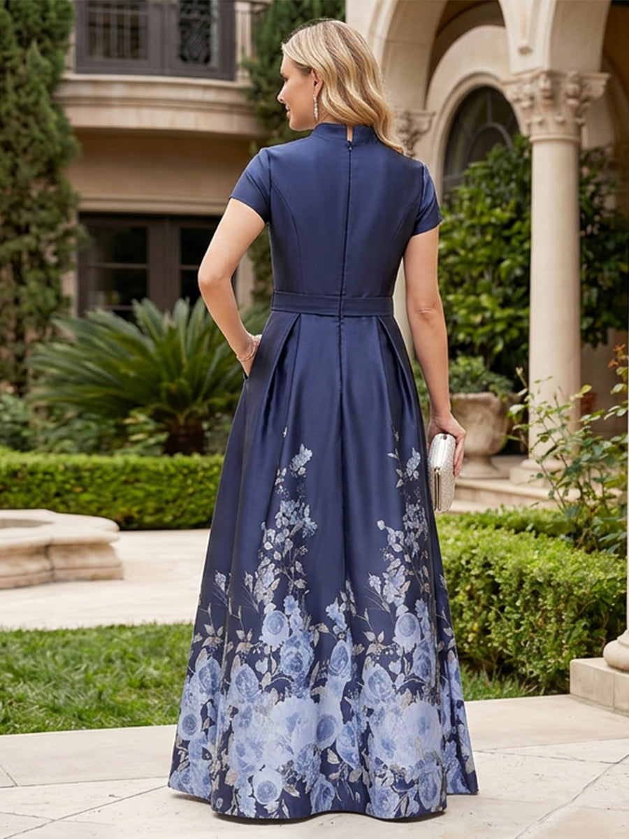 Floral Print A-Line/Princess V-Neck Floor-Length Mother of the Bride & Groom Dresses with Belt & Pockets