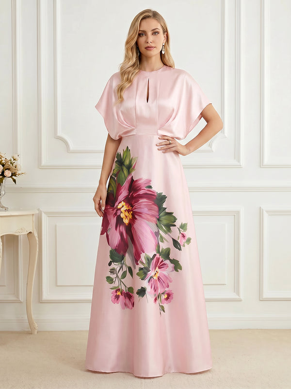 Floral Print A-Line/Princess Scoop Neck Floor-Length Mother of the Bride & Groom Dresses with Ruched Waist