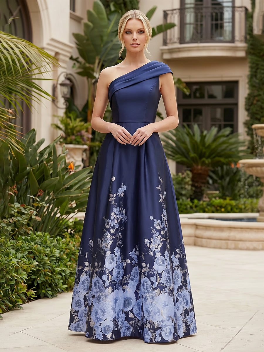 Floral Print A-Line/Princess One Shoulder Floor-Length Mother of the Bride & Groom Dresses with Ruched Waist