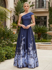 Floral Print A-Line/Princess One Shoulder Floor-Length Mother of the Bride & Groom Dresses with Ruched Waist