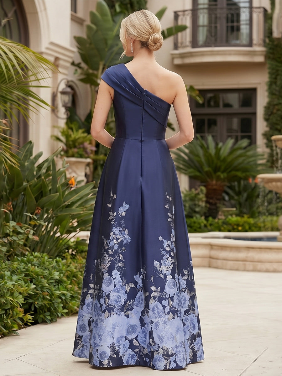 Floral Print A-Line/Princess One Shoulder Floor-Length Mother of the Bride & Groom Dresses with Ruched Waist