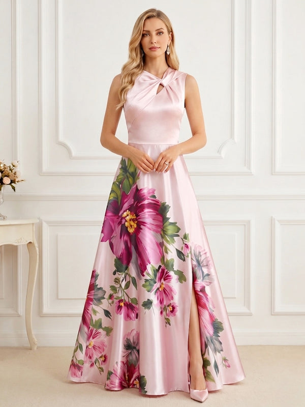 Floral Print A-Line/Princess Criss Cross Floor-Length Mother of the Bride & Groom Dresses with Slit