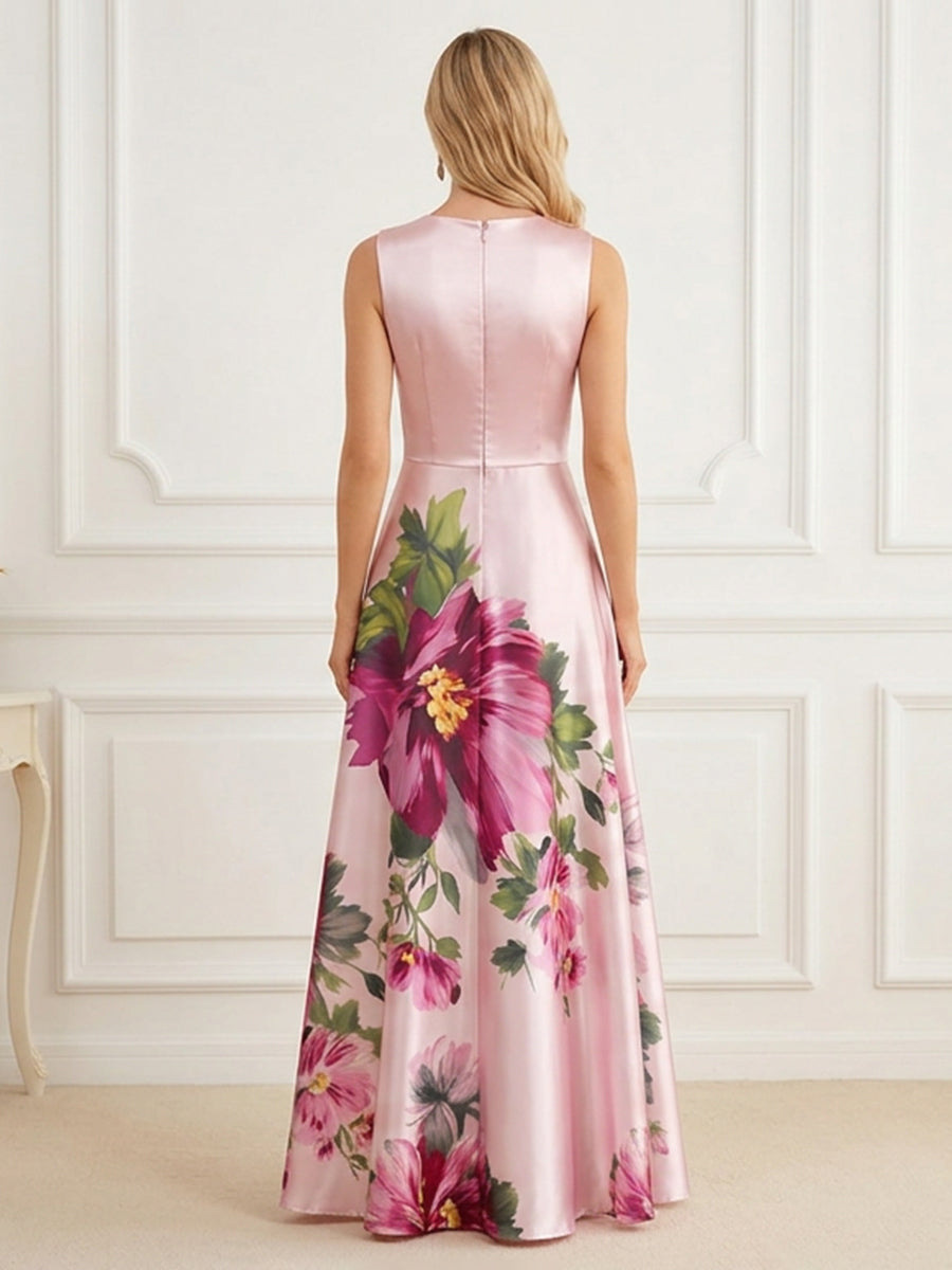 Floral Print A-Line/Princess Criss Cross Floor-Length Mother of the Bride & Groom Dresses with Slit