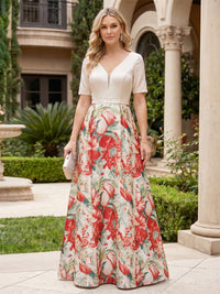 Floral Print A-Line/Princess V-Neck Floor-Length Mother of the Bride & Groom Dresses with Satin Bodice