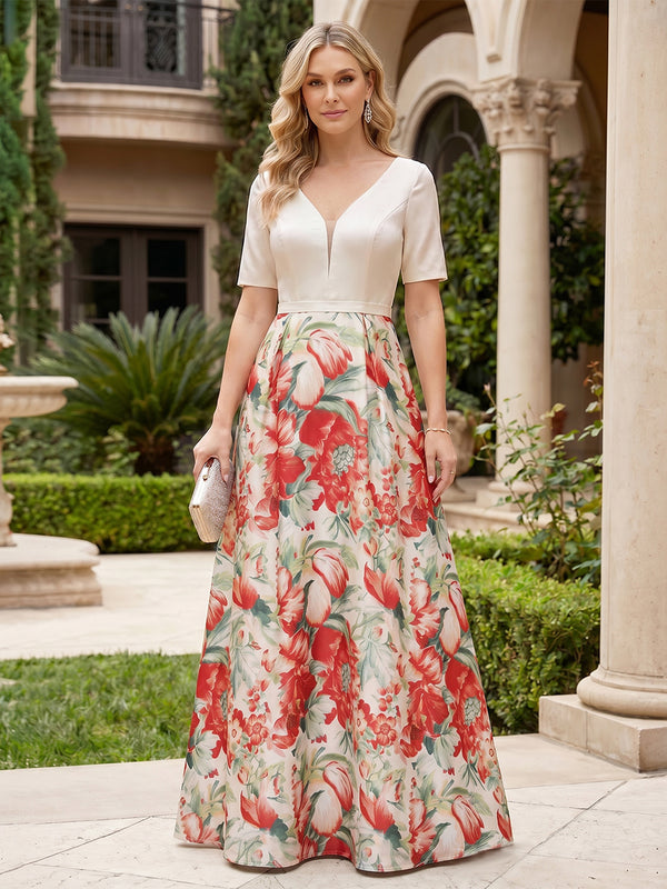 Floral Print A-Line/Princess V-Neck Floor-Length Mother of the Bride & Groom Dresses with Satin Bodice