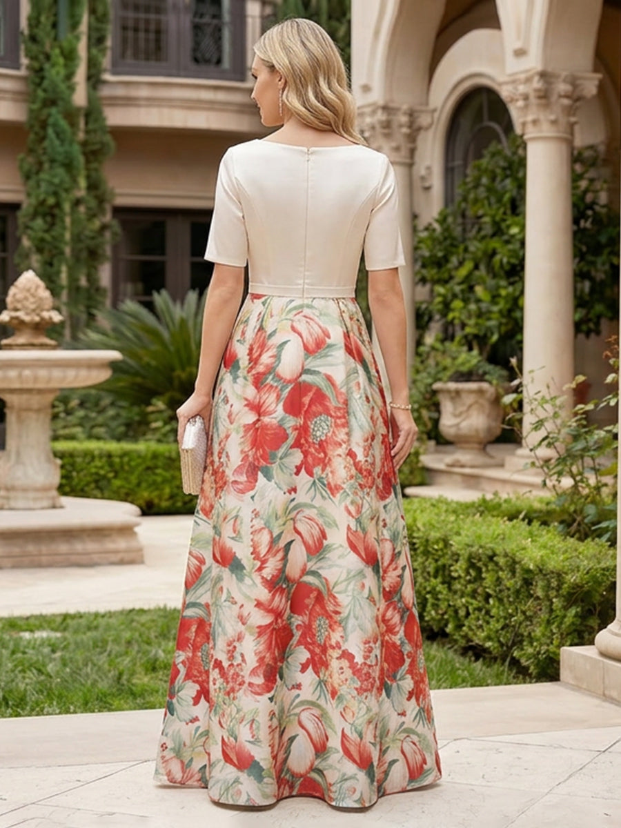 Floral Print A-Line/Princess V-Neck Floor-Length Mother of the Bride & Groom Dresses with Satin Bodice