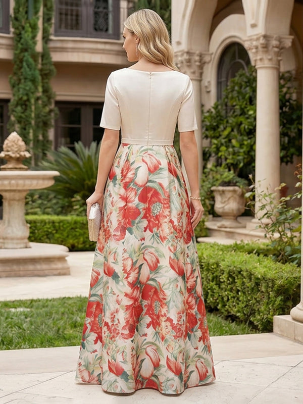 Floral Print A-Line/Princess V-Neck Floor-Length Mother of the Bride & Groom Dresses with Satin Bodice