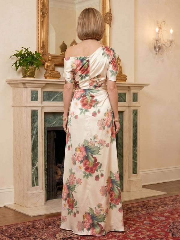 Floral Print Sheath/Column Off Shoulder Floor-Length Mother of the Bride & Groom Dresses with Ruched Waist