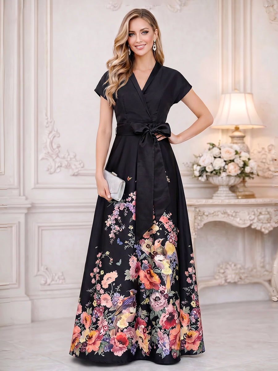 Floral Print A-Line/Princess V-Neck Floor-Length Mother of the Bride & Groom Dresses with Belt