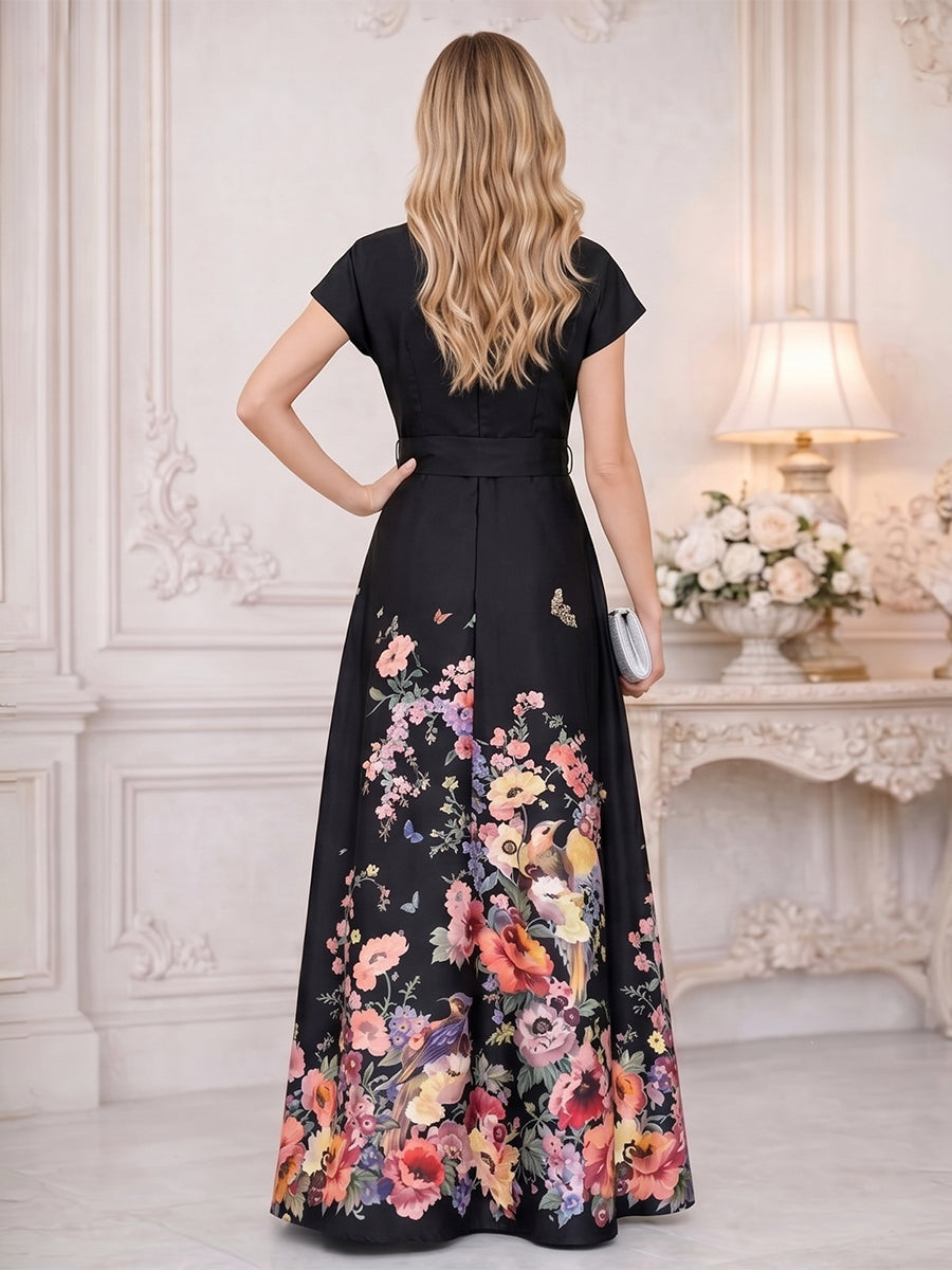 Floral Print A-Line/Princess V-Neck Floor-Length Mother of the Bride & Groom Dresses with Belt