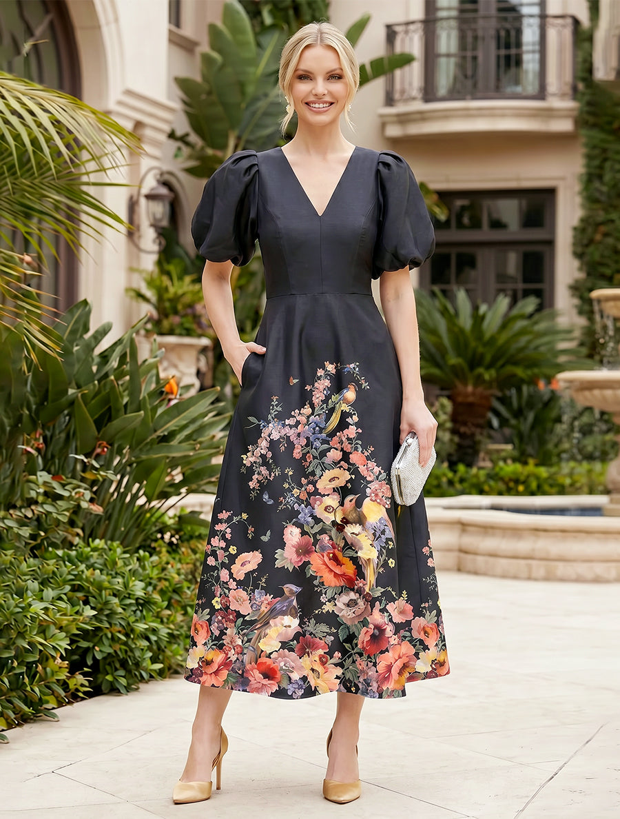 Floral Print A-Line/Princess V-Neck Tea-Length Mother of the Bride & Groom Dresses with Pockets