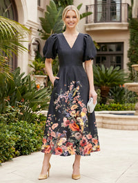 Floral Print A-Line/Princess V-Neck Tea-Length Mother of the Bride & Groom Dresses with Pockets