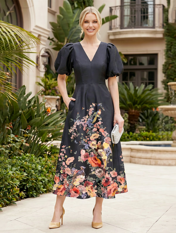 Floral Print A-Line/Princess V-Neck Tea-Length Mother of the Bride & Groom Dresses with Pockets
