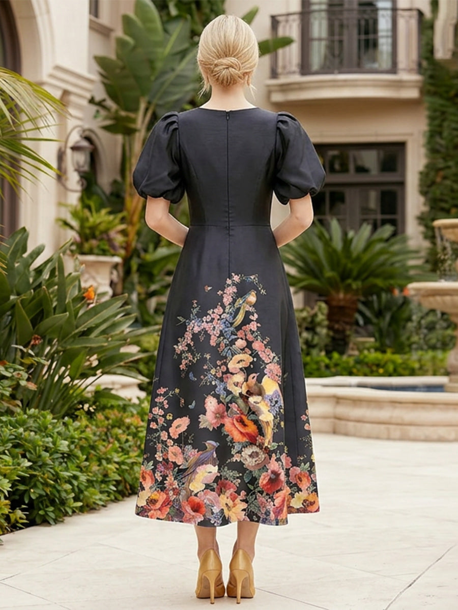 Floral Print A-Line/Princess V-Neck Tea-Length Mother of the Bride & Groom Dresses with Pockets