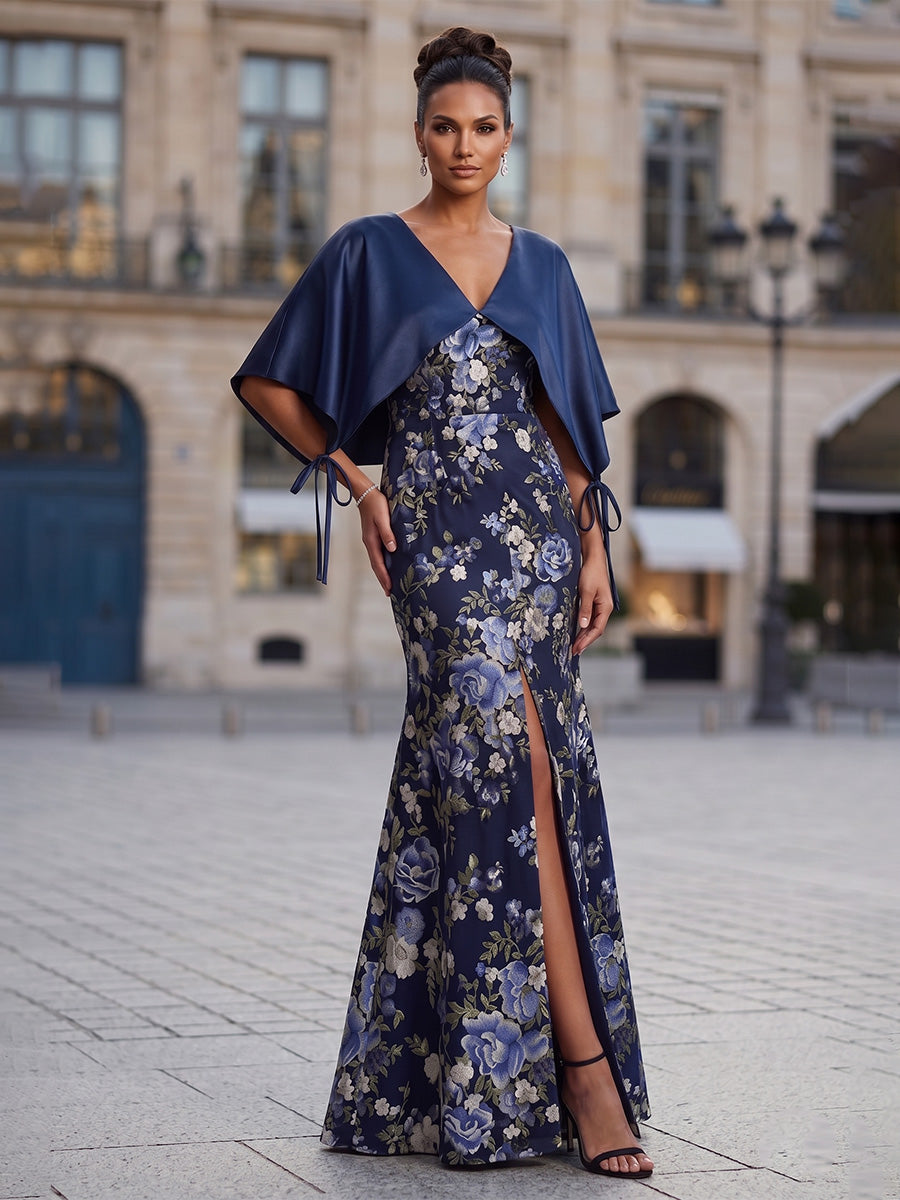 Floral Print Sheath/Column V-Neck Floor-Length Mother of the Bride & Groom Dresses with Slit