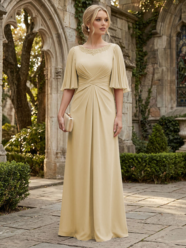 Chiffon A-Line/Princess Scoop Neck Floor-Length Mother of the Bride & Groom Dresses with Ruched Waist