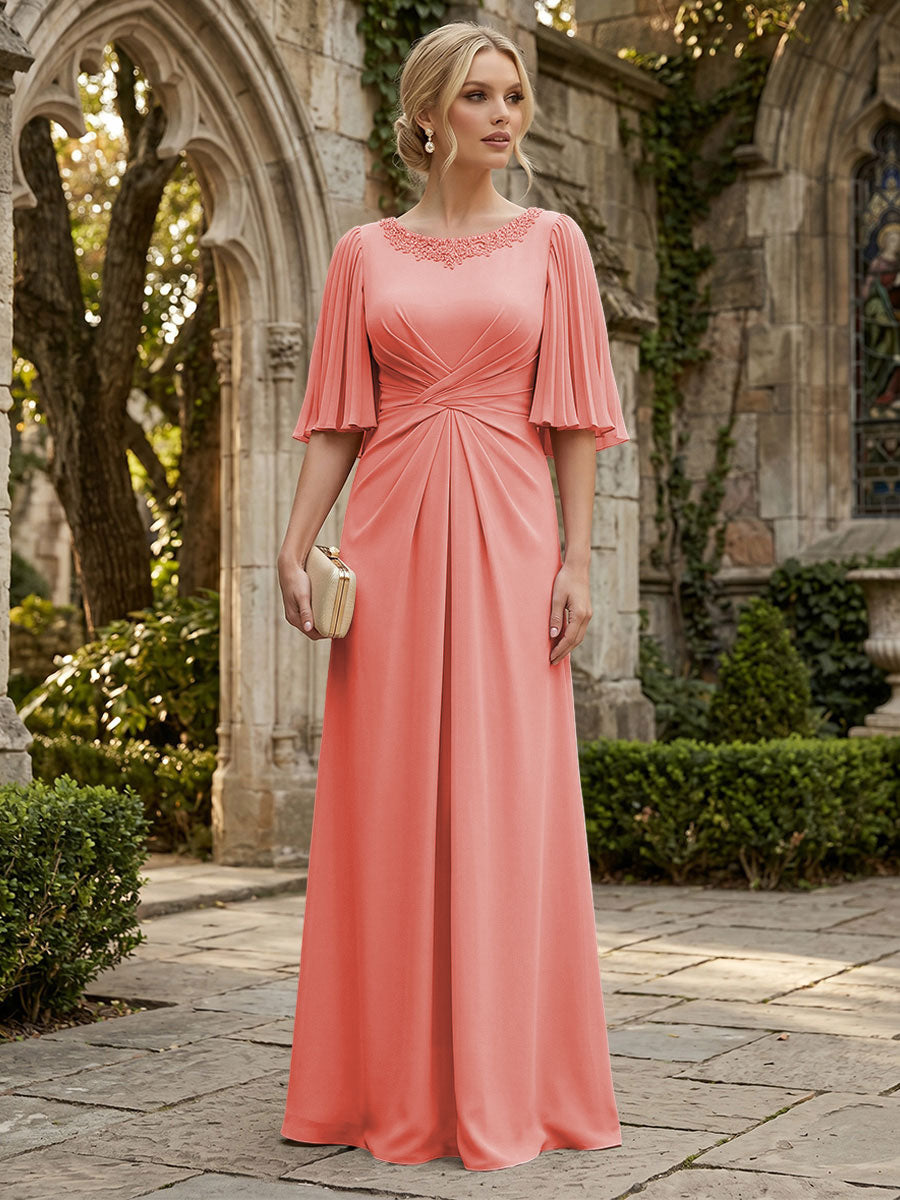 Chiffon A-Line/Princess Scoop Neck Floor-Length Mother of the Bride & Groom Dresses with Ruched Waist