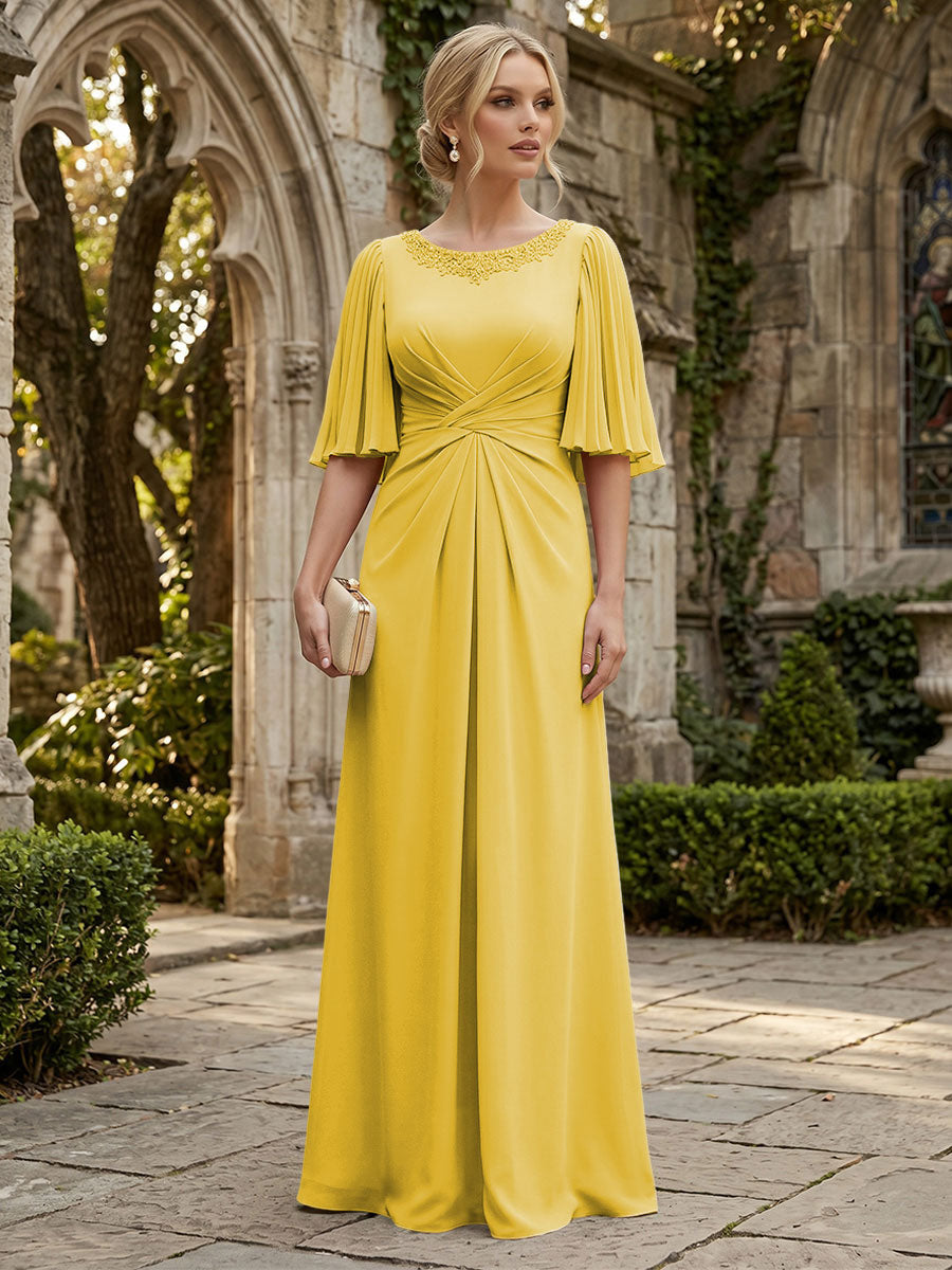 Chiffon A-Line/Princess Scoop Neck Floor-Length Mother of the Bride & Groom Dresses with Ruched Waist