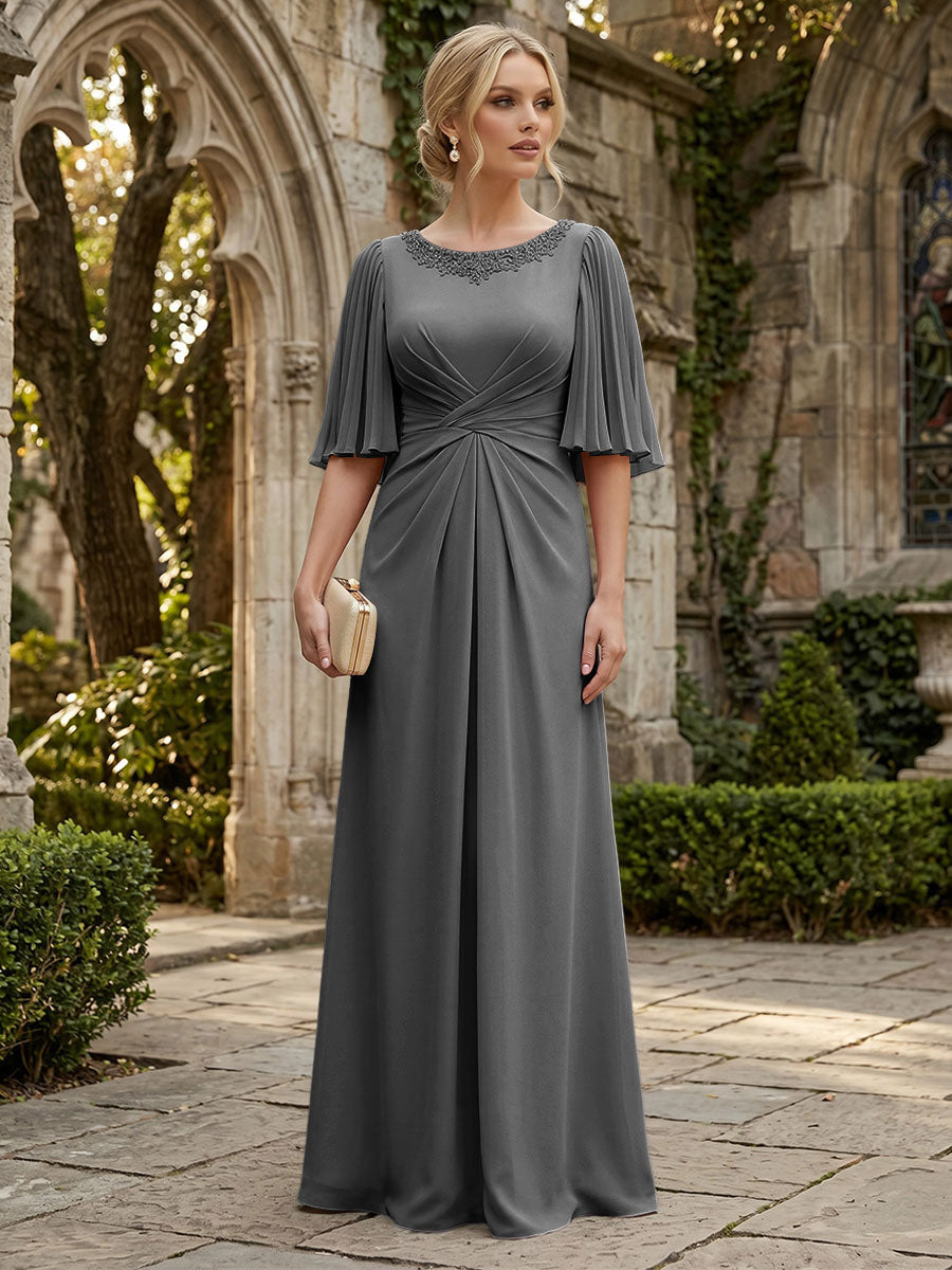 Chiffon A-Line/Princess Scoop Neck Floor-Length Mother of the Bride & Groom Dresses with Ruched Waist