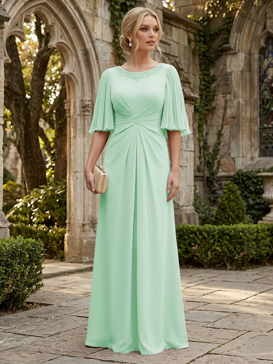 Chiffon A-Line/Princess Scoop Neck Floor-Length Mother of the Bride & Groom Dresses with Ruched Waist