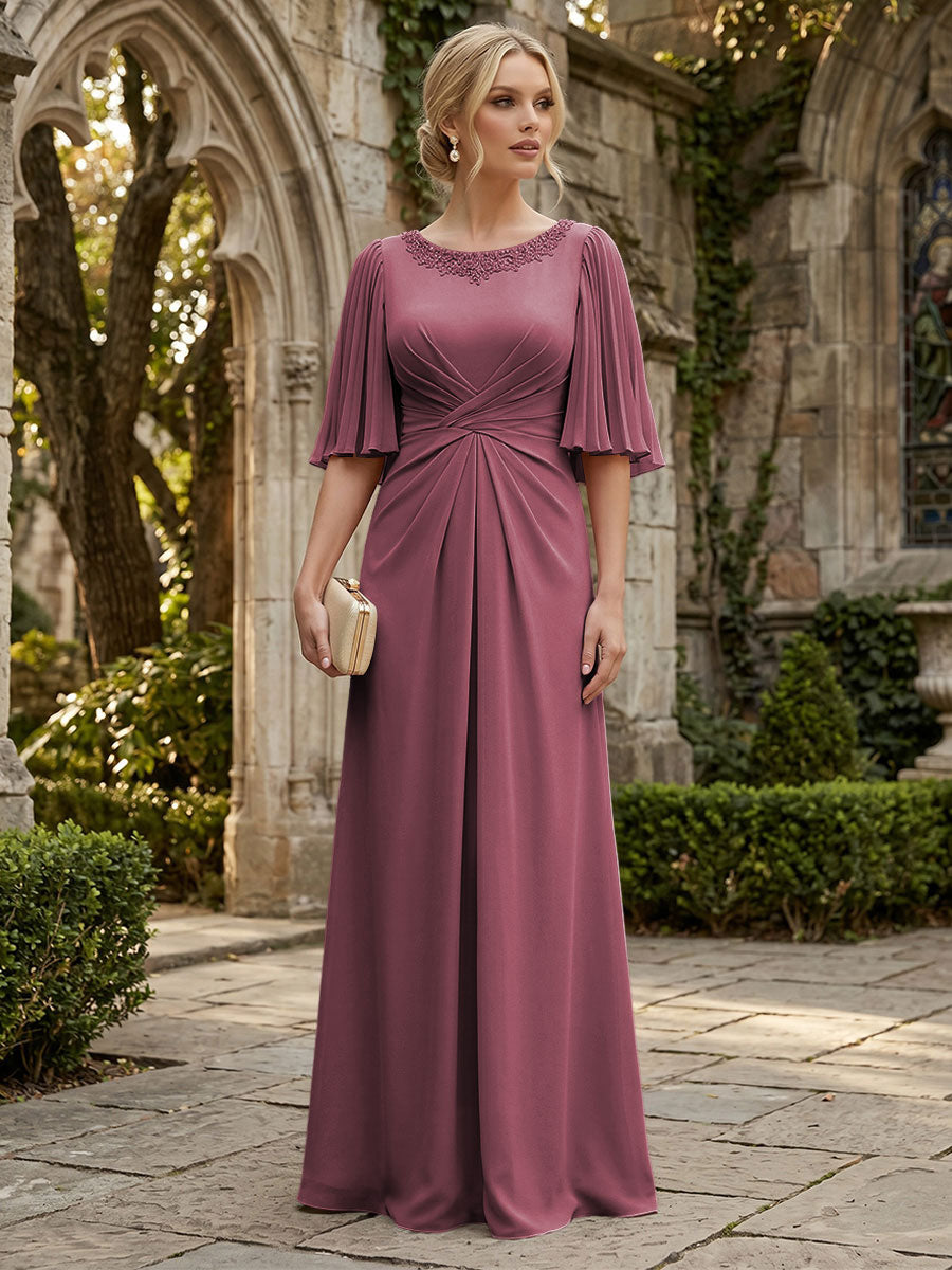 Chiffon A-Line/Princess Scoop Neck Floor-Length Mother of the Bride & Groom Dresses with Ruched Waist