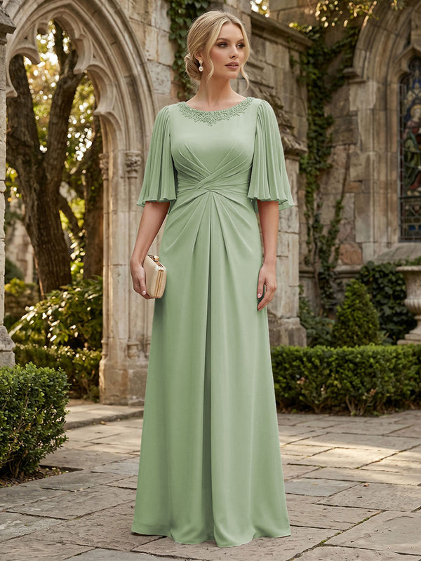 Chiffon A-Line/Princess Scoop Neck Floor-Length Mother of the Bride & Groom Dresses with Ruched Waist