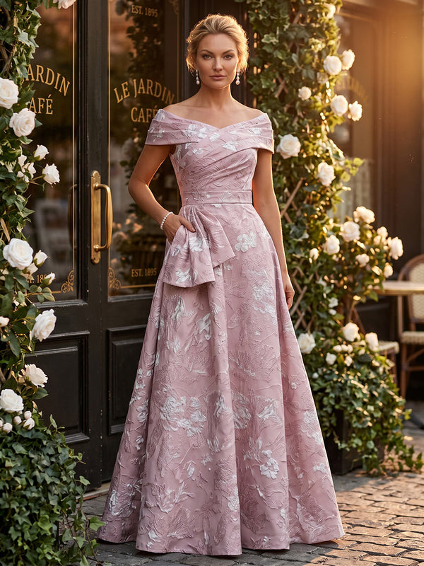 Jacquard A-Line/Princess Off Shoulder Floor-Length Mother of the Bride & Groom Dresses with Ruffles & Ruched Waist