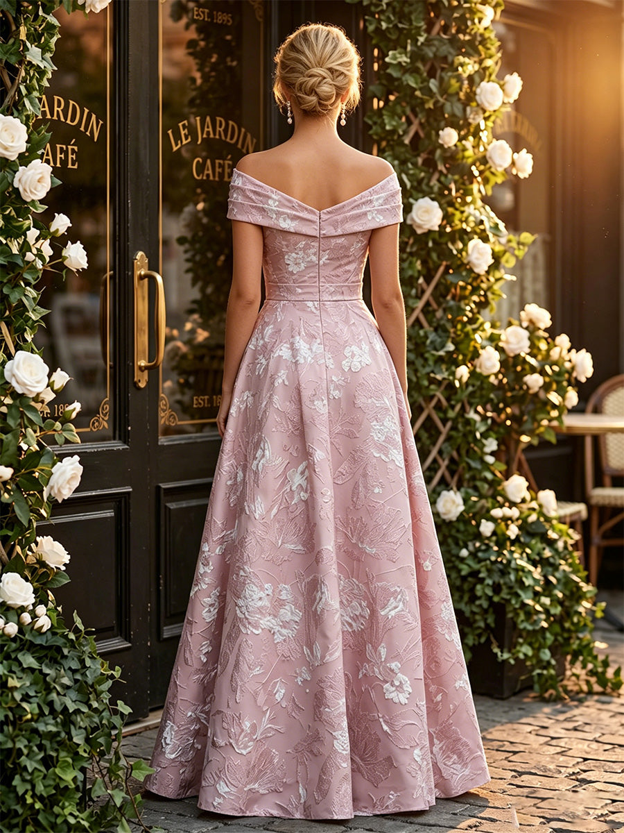 Jacquard A-Line/Princess Off Shoulder Floor-Length Mother of the Bride & Groom Dresses with Ruffles & Ruched Waist