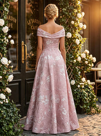 Jacquard A-Line/Princess Off Shoulder Floor-Length Mother of the Bride & Groom Dresses with Ruffles & Ruched Waist