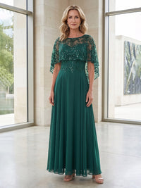 Chiffon A-Line/Princess Scoop Neck Floor-Length Mother of the Bride & Groom Dresses with Sequin Floral Cape & Pleats