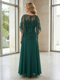 Chiffon A-Line/Princess Scoop Neck Floor-Length Mother of the Bride & Groom Dresses with Sequin Floral Cape & Pleats