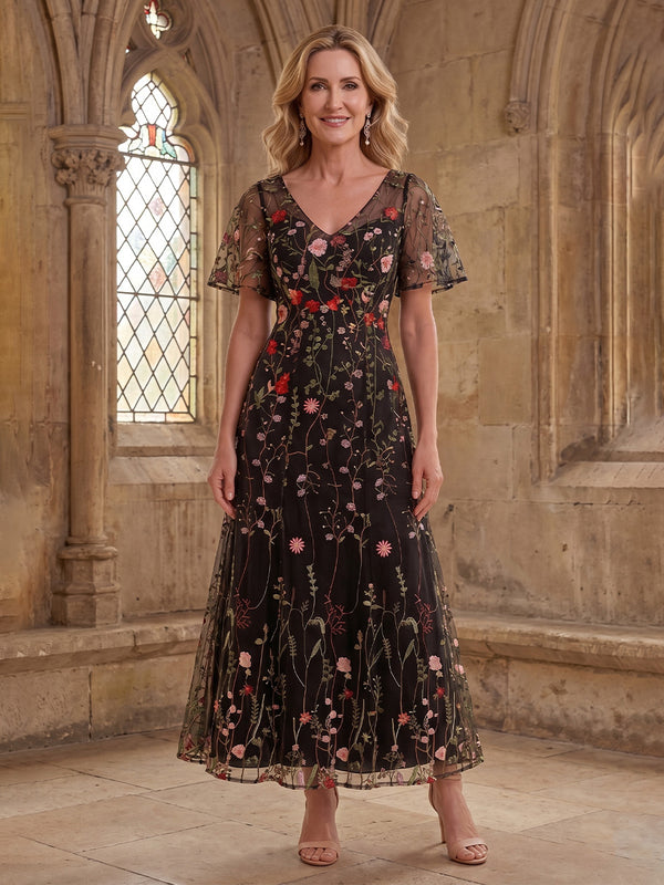 Floral Embroidery A-Line/Princess V-Neck Floor-Length Mother of the Bride & Groom Dresses for Women