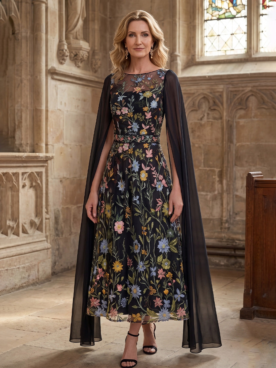 Floral Embroidery A-Line/Princess Scoop Neck Floor-Length Mother of the Bride & Groom Dresses with Chiffon Sash