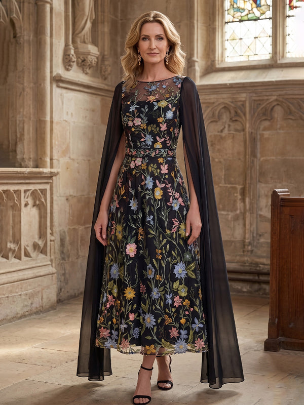 Floral Embroidery A-Line/Princess Scoop Neck Floor-Length Mother of the Bride & Groom Dresses with Chiffon Sash