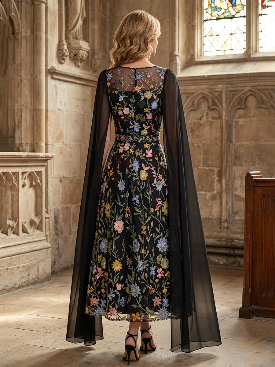 Floral Embroidery A-Line/Princess Scoop Neck Floor-Length Mother of the Bride & Groom Dresses with Chiffon Sash