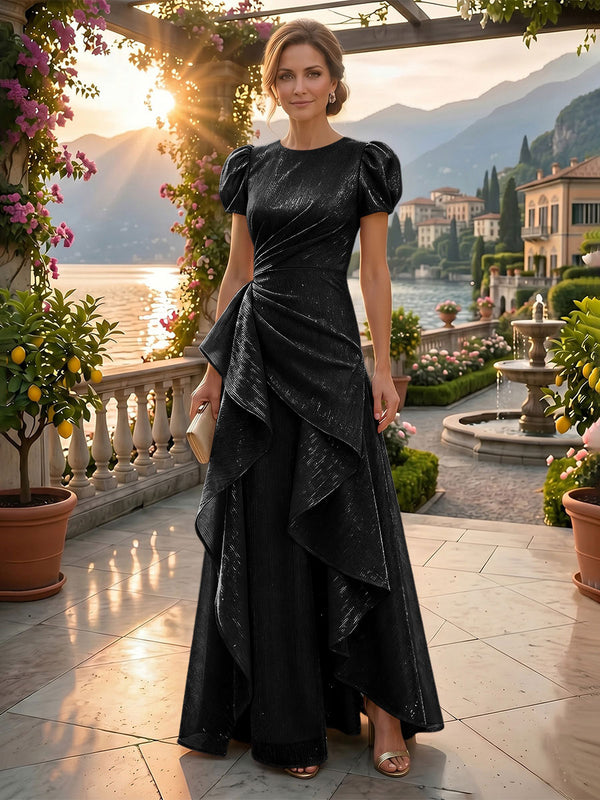 A-Line/Princess Scoop Neck Tea-Length Mother of the Bride & Groom Dresses with Ruffles & Ruched Waist