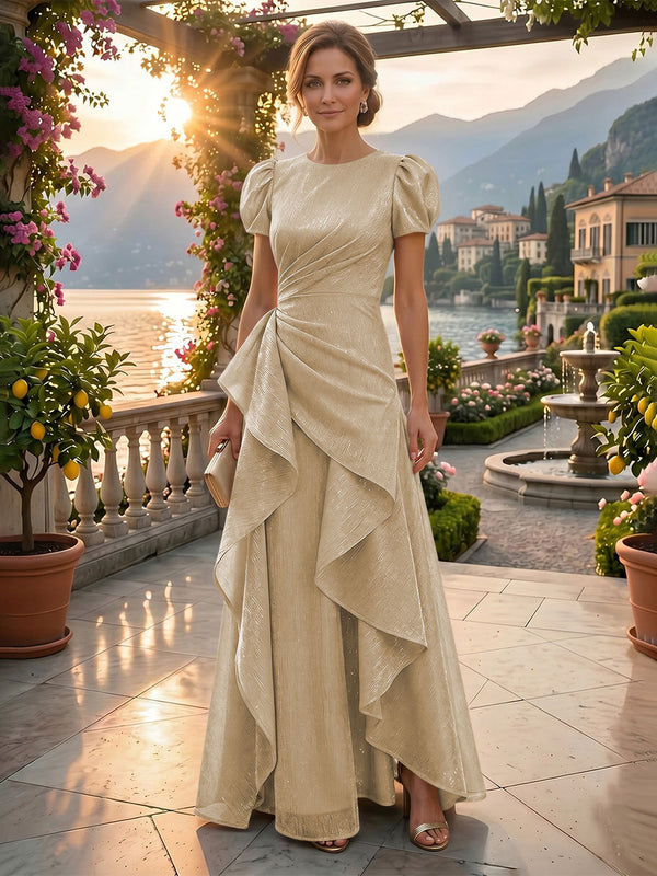 A-Line/Princess Scoop Neck Tea-Length Mother of the Bride & Groom Dresses with Ruffles & Ruched Waist