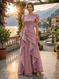 A-Line/Princess Scoop Neck Tea-Length Mother of the Bride & Groom Dresses with Ruffles & Ruched Waist