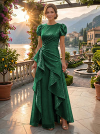 A-Line/Princess Scoop Neck Tea-Length Mother of the Bride & Groom Dresses with Ruffles & Ruched Waist